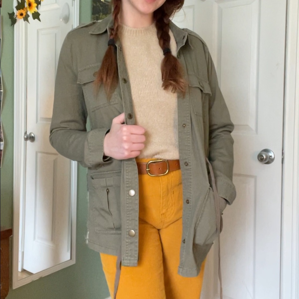 Green Army Jacket Tribal Sweater Knit Tie Front